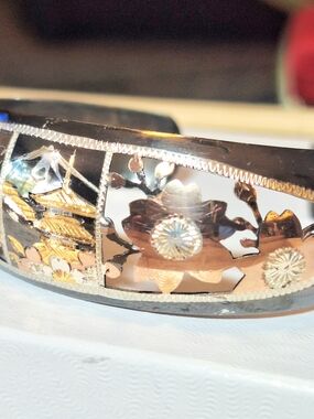 Vintage Damascene Sterling Floral Mixed-Metal Bangle Bracelet Rose & Gold Tones